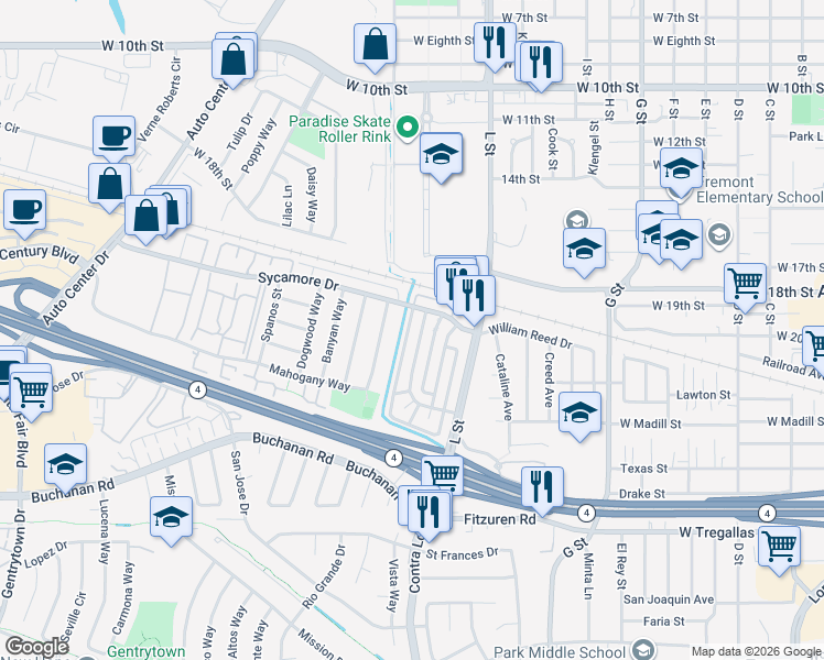 map of restaurants, bars, coffee shops, grocery stores, and more near 2112 Lemontree Way in Antioch