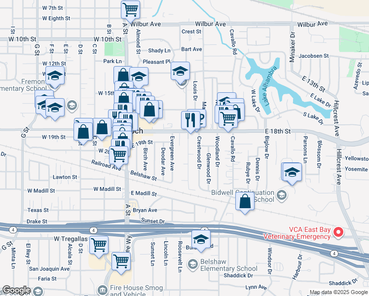 map of restaurants, bars, coffee shops, grocery stores, and more near 8 Helmuth Lane in Antioch