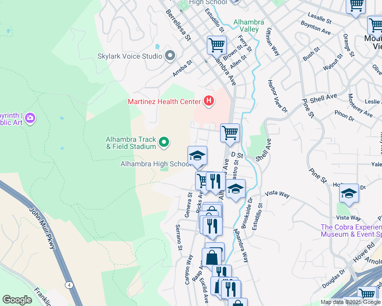 map of restaurants, bars, coffee shops, grocery stores, and more near 2770 Geneva Street in Martinez