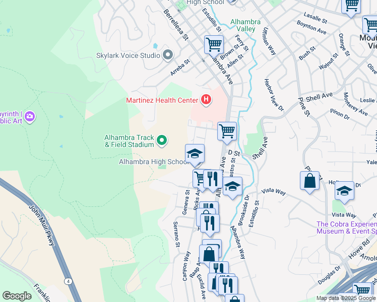 map of restaurants, bars, coffee shops, grocery stores, and more near 2770 Geneva Street in Martinez