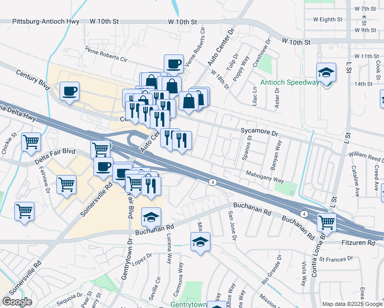 map of restaurants, bars, coffee shops, grocery stores, and more near 133134 Mahogany Way in Antioch