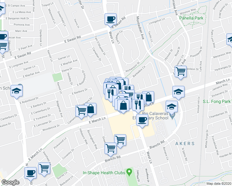 map of restaurants, bars, coffee shops, grocery stores, and more near 1163 East March Lane in Stockton