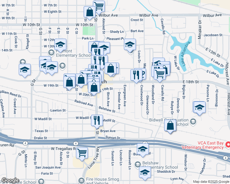 map of restaurants, bars, coffee shops, grocery stores, and more near 1907 Chestnut Avenue in Antioch