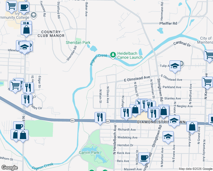 map of restaurants, bars, coffee shops, grocery stores, and more near 7 East Olmstead Avenue in Evansville