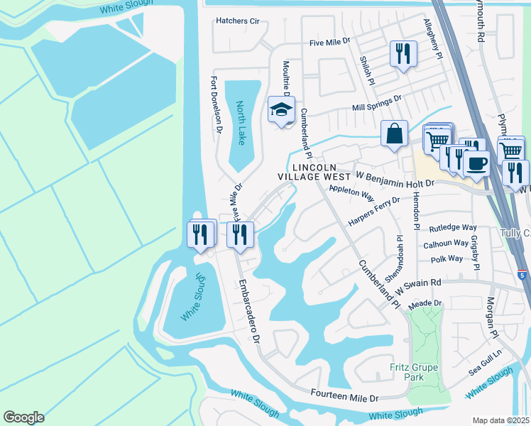 map of restaurants, bars, coffee shops, grocery stores, and more near 3768 West Benjamin Holt Drive in Stockton