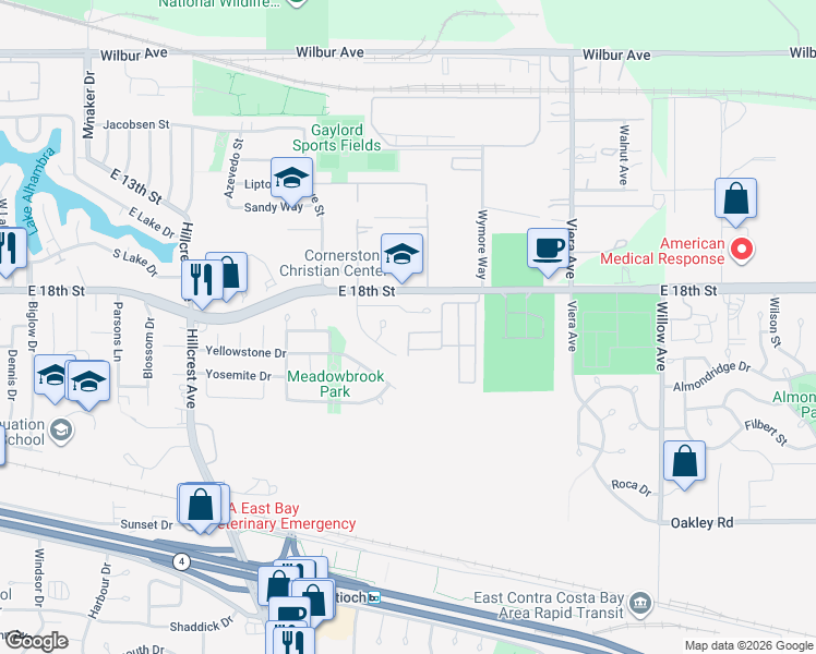 map of restaurants, bars, coffee shops, grocery stores, and more near 1824 Paris Lane in Antioch