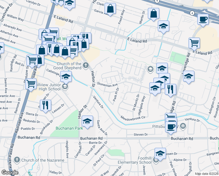 map of restaurants, bars, coffee shops, grocery stores, and more near 742 Stoneman Avenue in Pittsburg