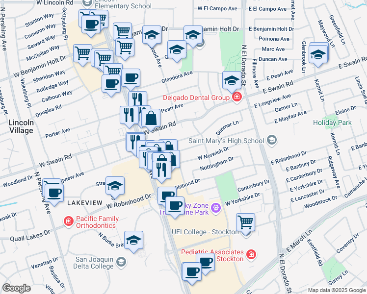 map of restaurants, bars, coffee shops, grocery stores, and more near 306 West Longview Avenue in Stockton