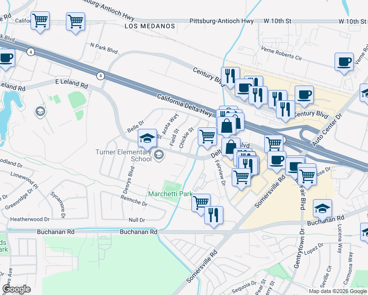 map of restaurants, bars, coffee shops, grocery stores, and more near 2309 Chickie Street in Antioch