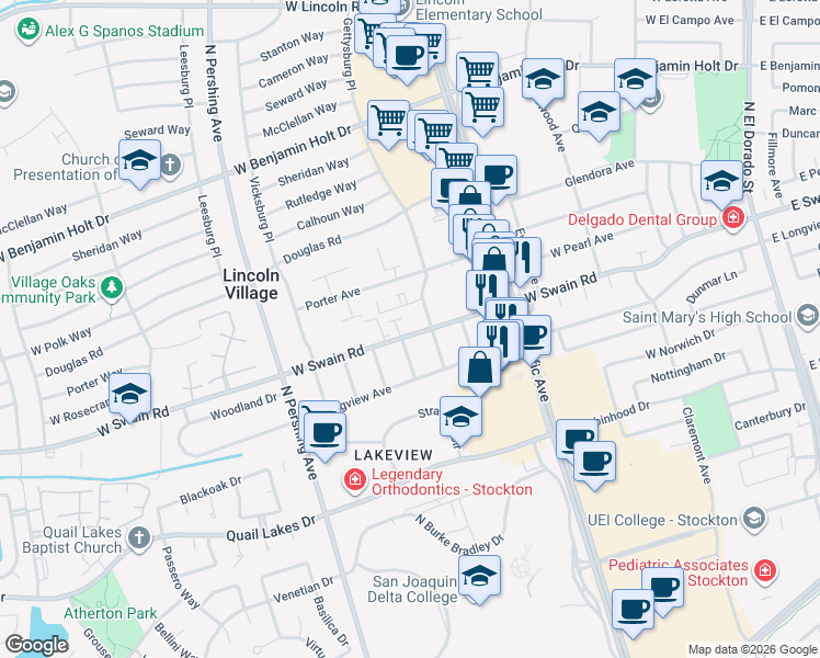 map of restaurants, bars, coffee shops, grocery stores, and more near 935 West Swain Road in Stockton