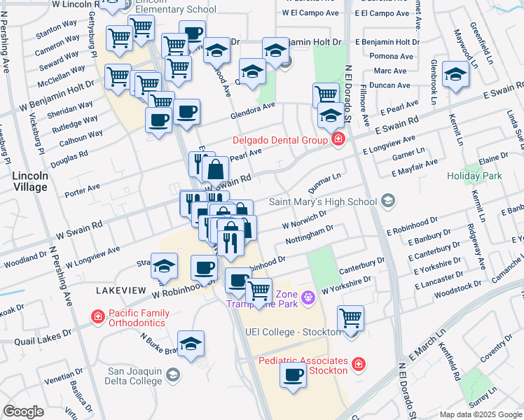 map of restaurants, bars, coffee shops, grocery stores, and more near 306 West Longview Avenue in Stockton