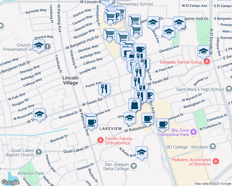map of restaurants, bars, coffee shops, grocery stores, and more near 935 West Swain Road in Stockton