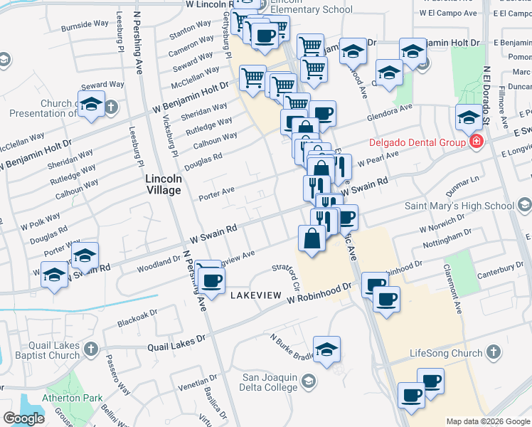 map of restaurants, bars, coffee shops, grocery stores, and more near 935 West Swain Road in Stockton