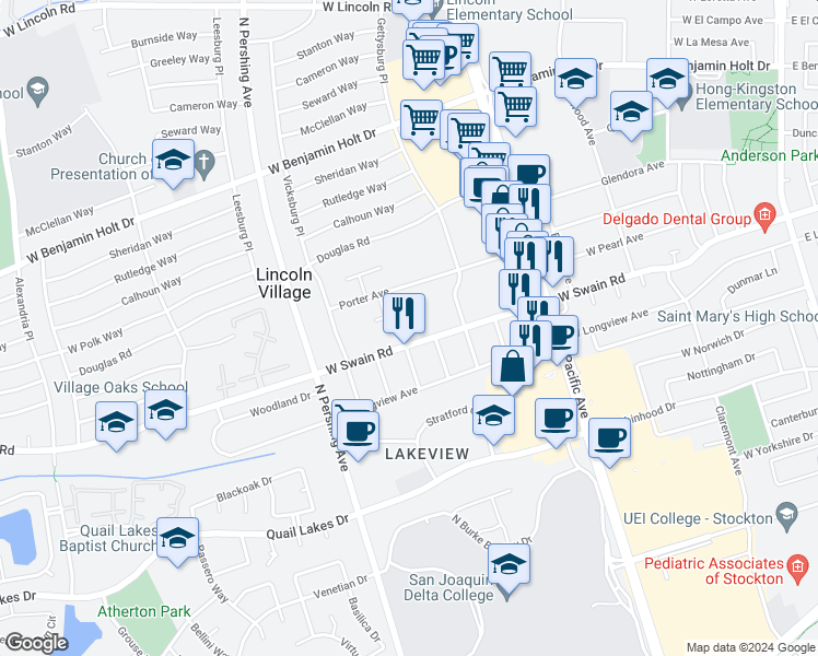 map of restaurants, bars, coffee shops, grocery stores, and more near 1117 West Swain Road in Stockton
