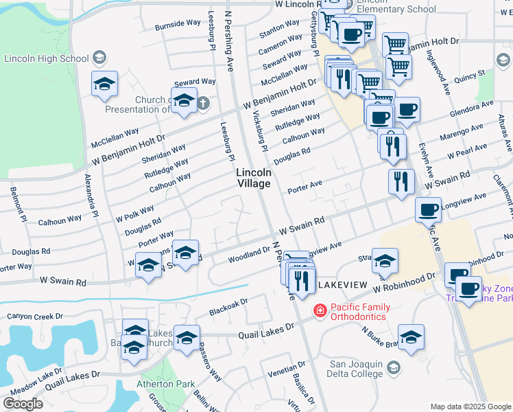 map of restaurants, bars, coffee shops, grocery stores, and more near 6146 North Pershing Avenue in Stockton