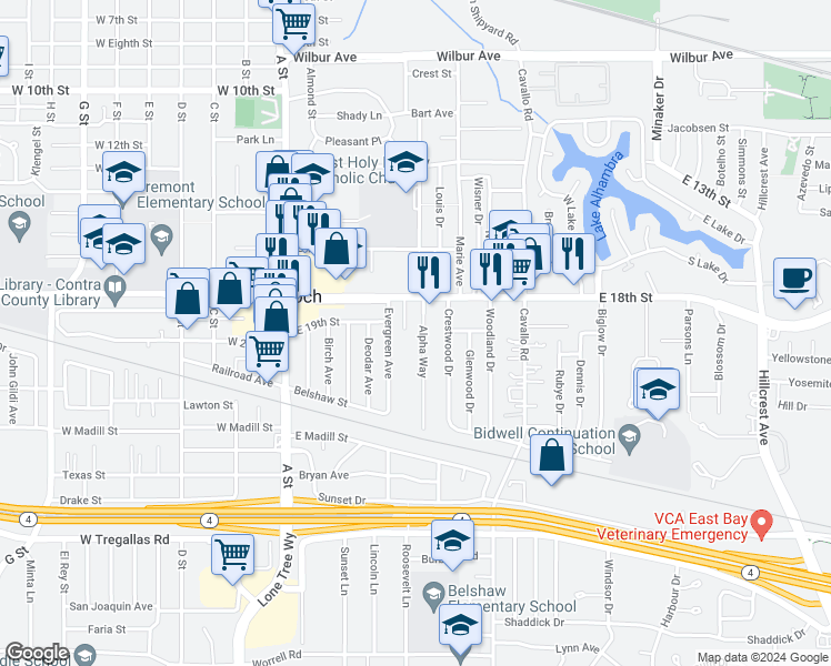 map of restaurants, bars, coffee shops, grocery stores, and more near 10 Helmuth Lane in Antioch
