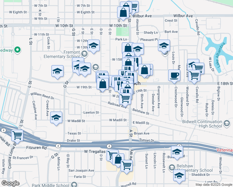 map of restaurants, bars, coffee shops, grocery stores, and more near 1840 A Street in Antioch