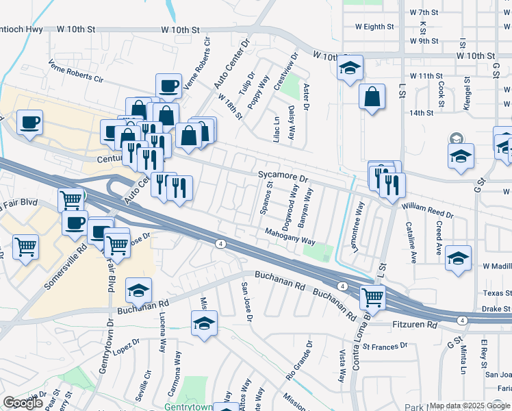 map of restaurants, bars, coffee shops, grocery stores, and more near 2208 Spanos Street in Antioch