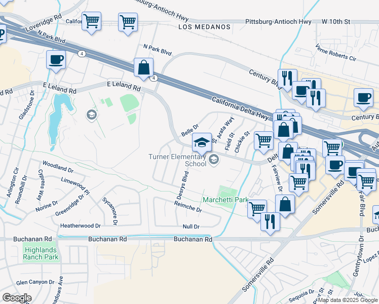 map of restaurants, bars, coffee shops, grocery stores, and more near 2400 Desrys Boulevard in Antioch