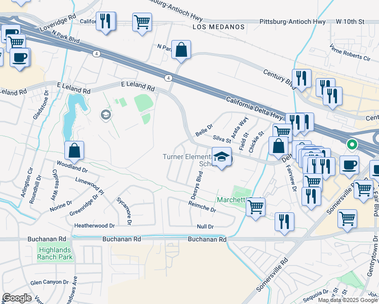 map of restaurants, bars, coffee shops, grocery stores, and more near 4709 Eisenhower Way in Antioch