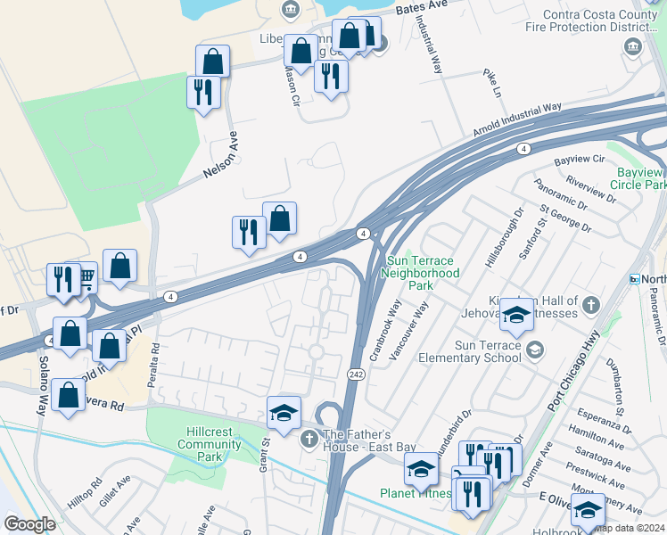 map of restaurants, bars, coffee shops, grocery stores, and more near 3845 Northwood Drive in Concord
