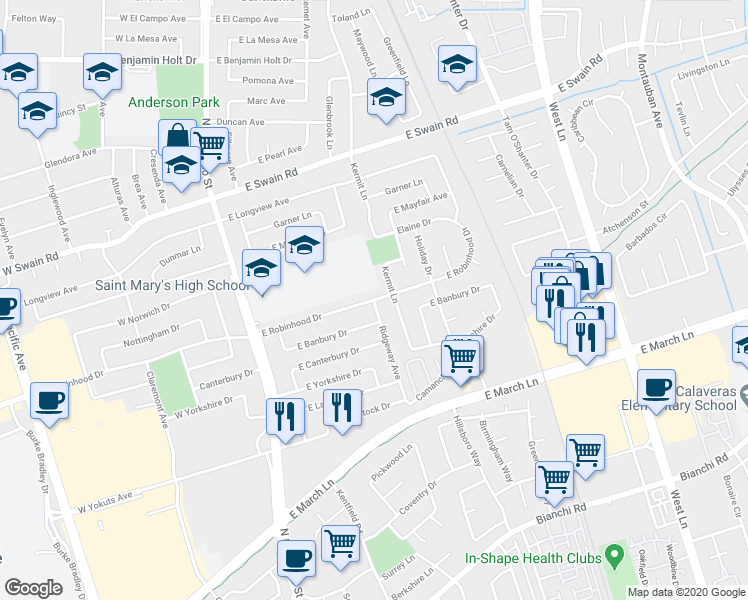 map of restaurants, bars, coffee shops, grocery stores, and more near 443 East Robinhood Drive in Stockton