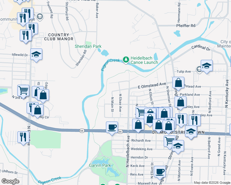 map of restaurants, bars, coffee shops, grocery stores, and more near 7 East Olmstead Avenue in Evansville