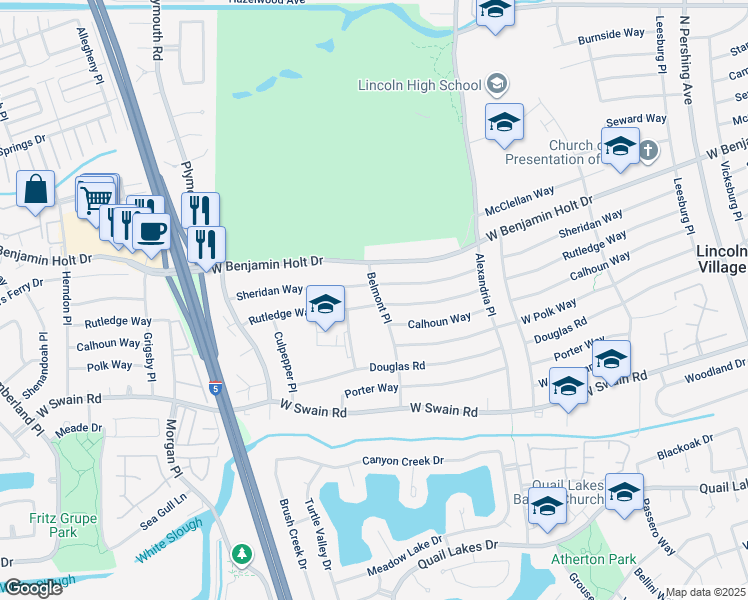 map of restaurants, bars, coffee shops, grocery stores, and more near 6535 Belmont Place in Stockton