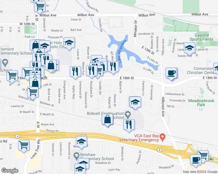 map of restaurants, bars, coffee shops, grocery stores, and more near 520 Parker Lane in Antioch