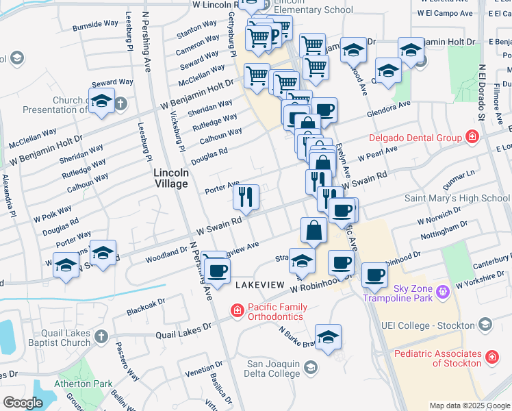 map of restaurants, bars, coffee shops, grocery stores, and more near 1117 West Swain Road in Stockton