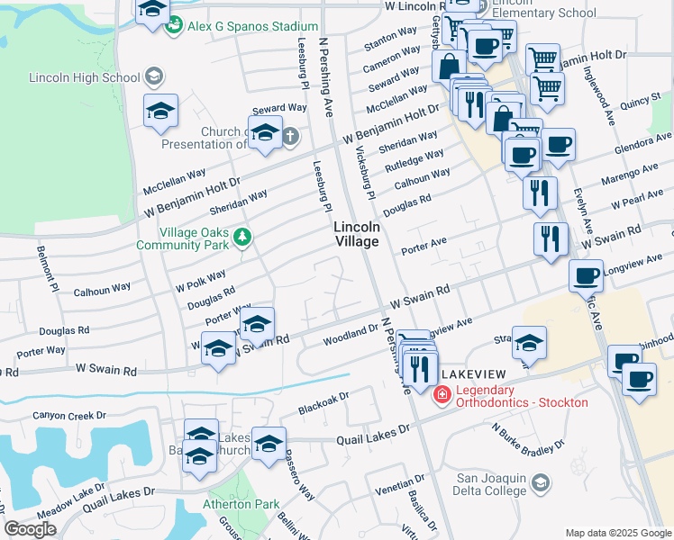 map of restaurants, bars, coffee shops, grocery stores, and more near 1575 West Swain Road in Stockton