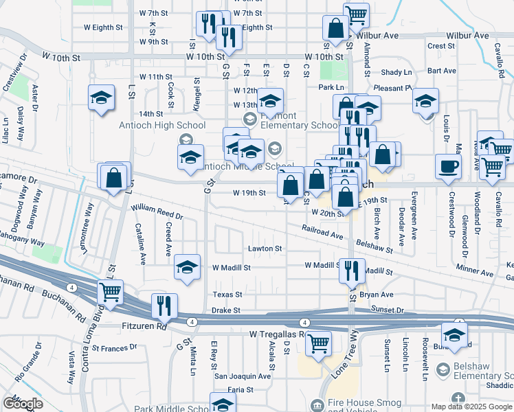 map of restaurants, bars, coffee shops, grocery stores, and more near 412 West 20th Street in Antioch