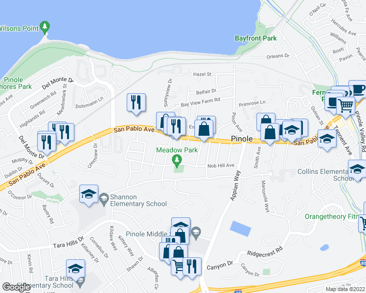 map of restaurants, bars, coffee shops, grocery stores, and more near 801 Rogers Way in Pinole