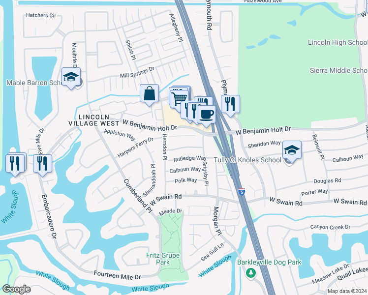 map of restaurants, bars, coffee shops, grocery stores, and more near 3205 Sheridan Way in Stockton
