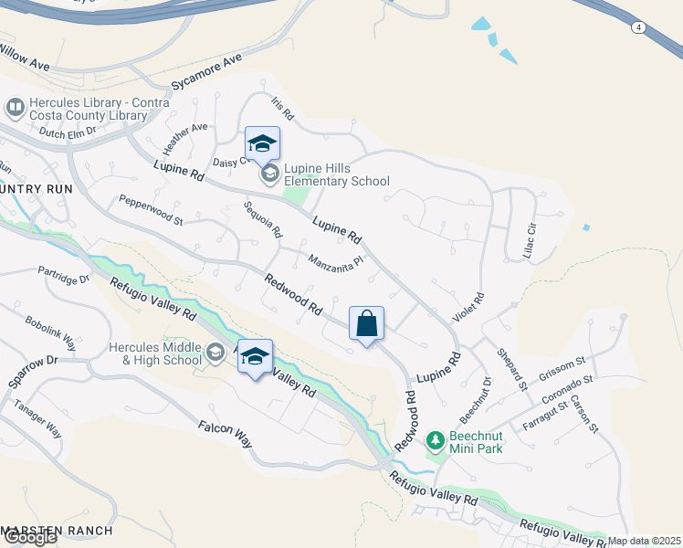 map of restaurants, bars, coffee shops, grocery stores, and more near 172 Manzanita Place in Hercules