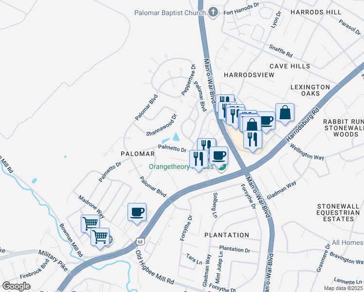 map of restaurants, bars, coffee shops, grocery stores, and more near 4025 Palmetto Drive in Lexington