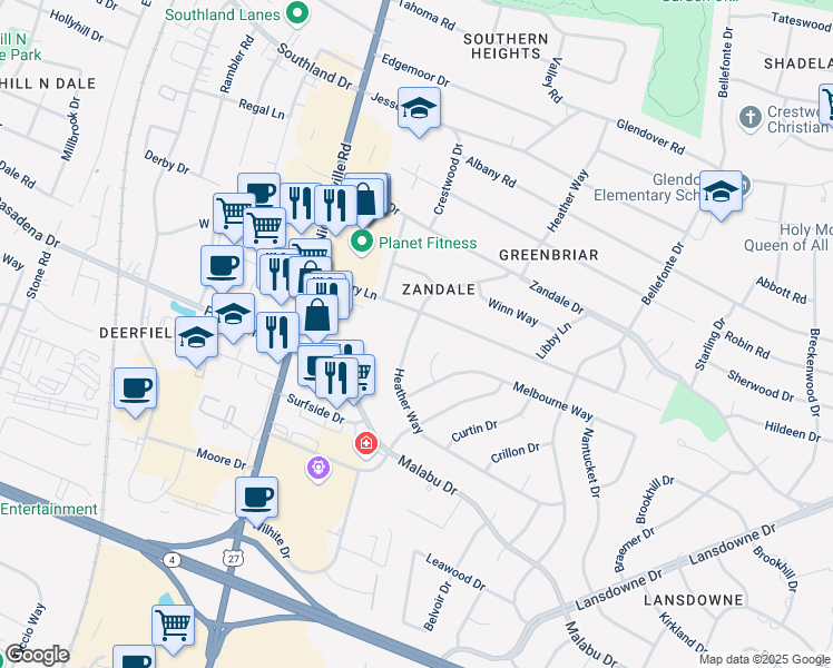 map of restaurants, bars, coffee shops, grocery stores, and more near 2330 Heather Way in Lexington