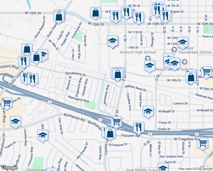 map of restaurants, bars, coffee shops, grocery stores, and more near 2108 Lemontree Way in Antioch
