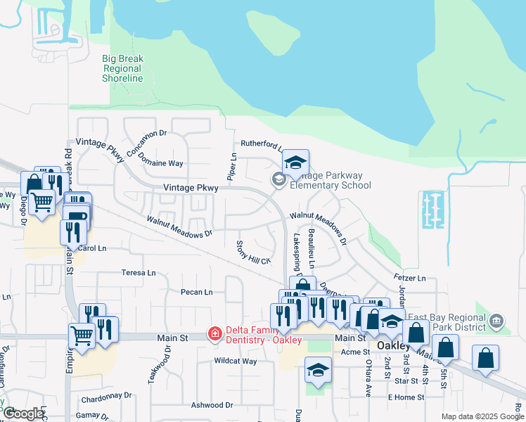 map of restaurants, bars, coffee shops, grocery stores, and more near 80 Duckhorn Place in Oakley