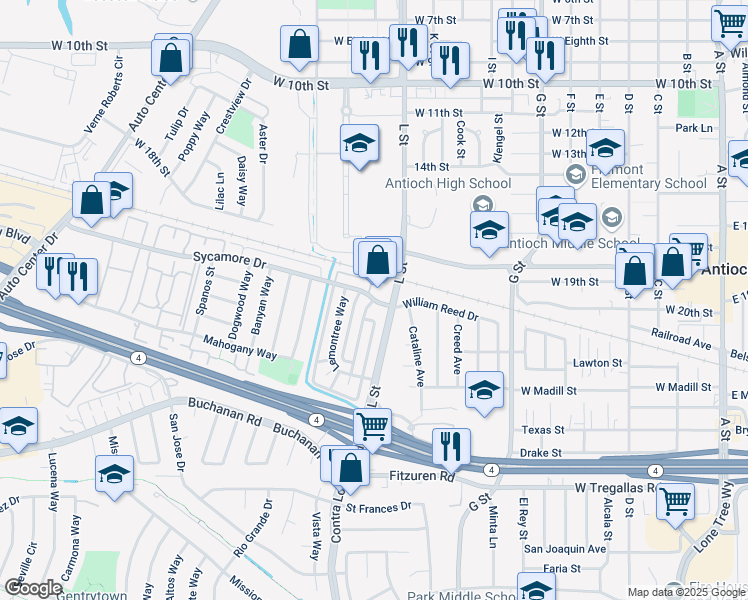map of restaurants, bars, coffee shops, grocery stores, and more near Sycamore Drive & Peppertree Way in Antioch