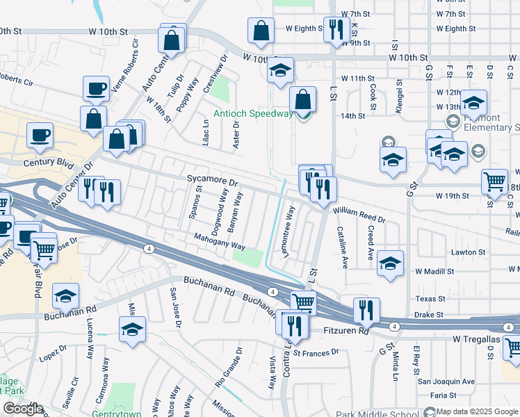 map of restaurants, bars, coffee shops, grocery stores, and more near 2116 Manzanita Way in Antioch