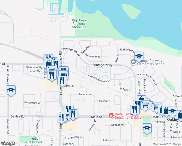 map of restaurants, bars, coffee shops, grocery stores, and more near 736 Walnut Ranch Way in Oakley