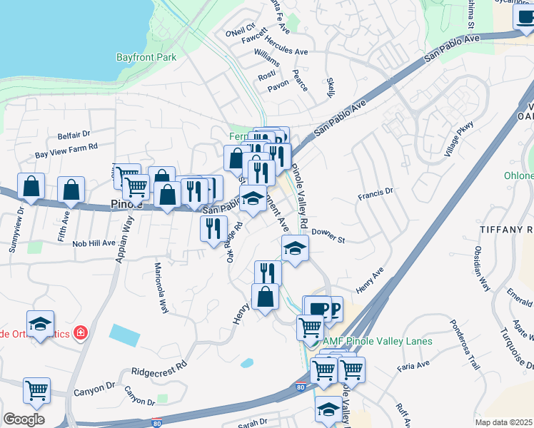 map of restaurants, bars, coffee shops, grocery stores, and more near 2199 Plum Street in Pinole
