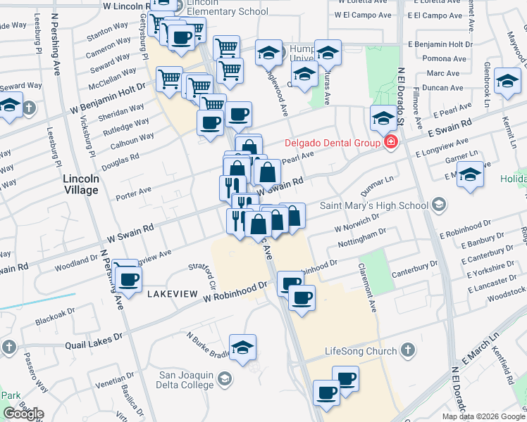 map of restaurants, bars, coffee shops, grocery stores, and more near 5918 Pacific Avenue in Stockton