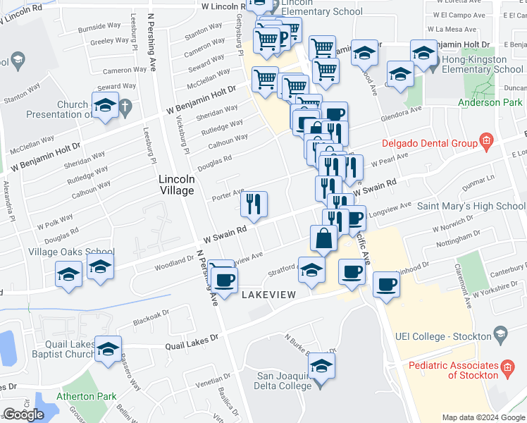 map of restaurants, bars, coffee shops, grocery stores, and more near 1117 West Swain Road in Stockton