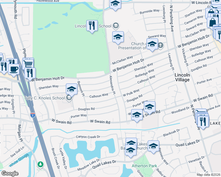 map of restaurants, bars, coffee shops, grocery stores, and more near 6506 Alexandria Place in Stockton
