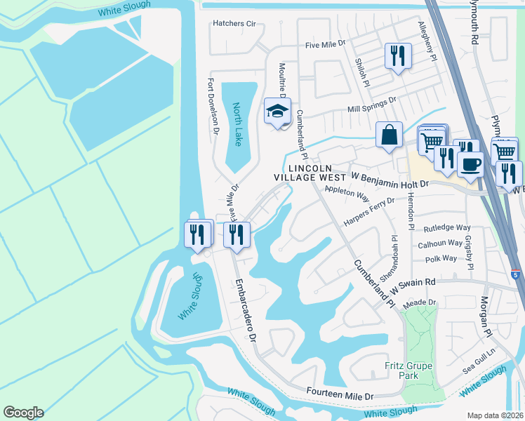 map of restaurants, bars, coffee shops, grocery stores, and more near 3722 West Benjamin Holt Drive in Stockton