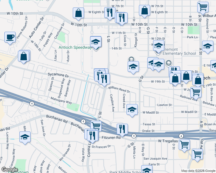 map of restaurants, bars, coffee shops, grocery stores, and more near 258 William Reed Drive in Antioch