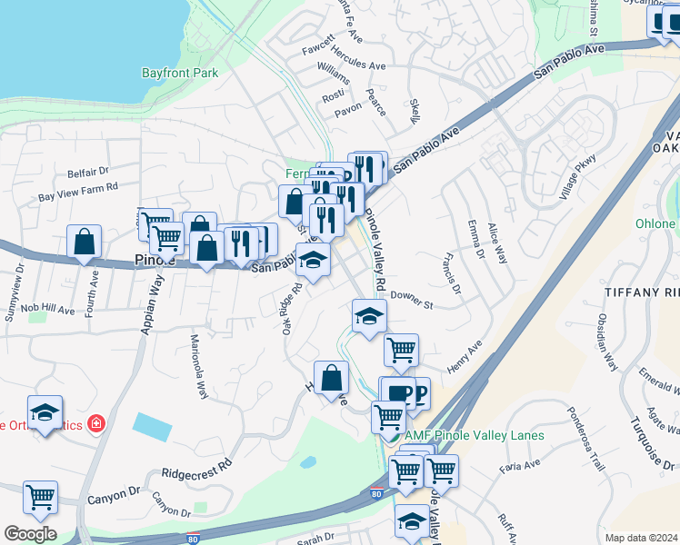 map of restaurants, bars, coffee shops, grocery stores, and more near 2199 Plum Street in Pinole