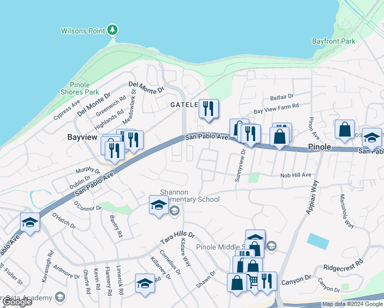 map of restaurants, bars, coffee shops, grocery stores, and more near 745 San Pablo Avenue in Pinole